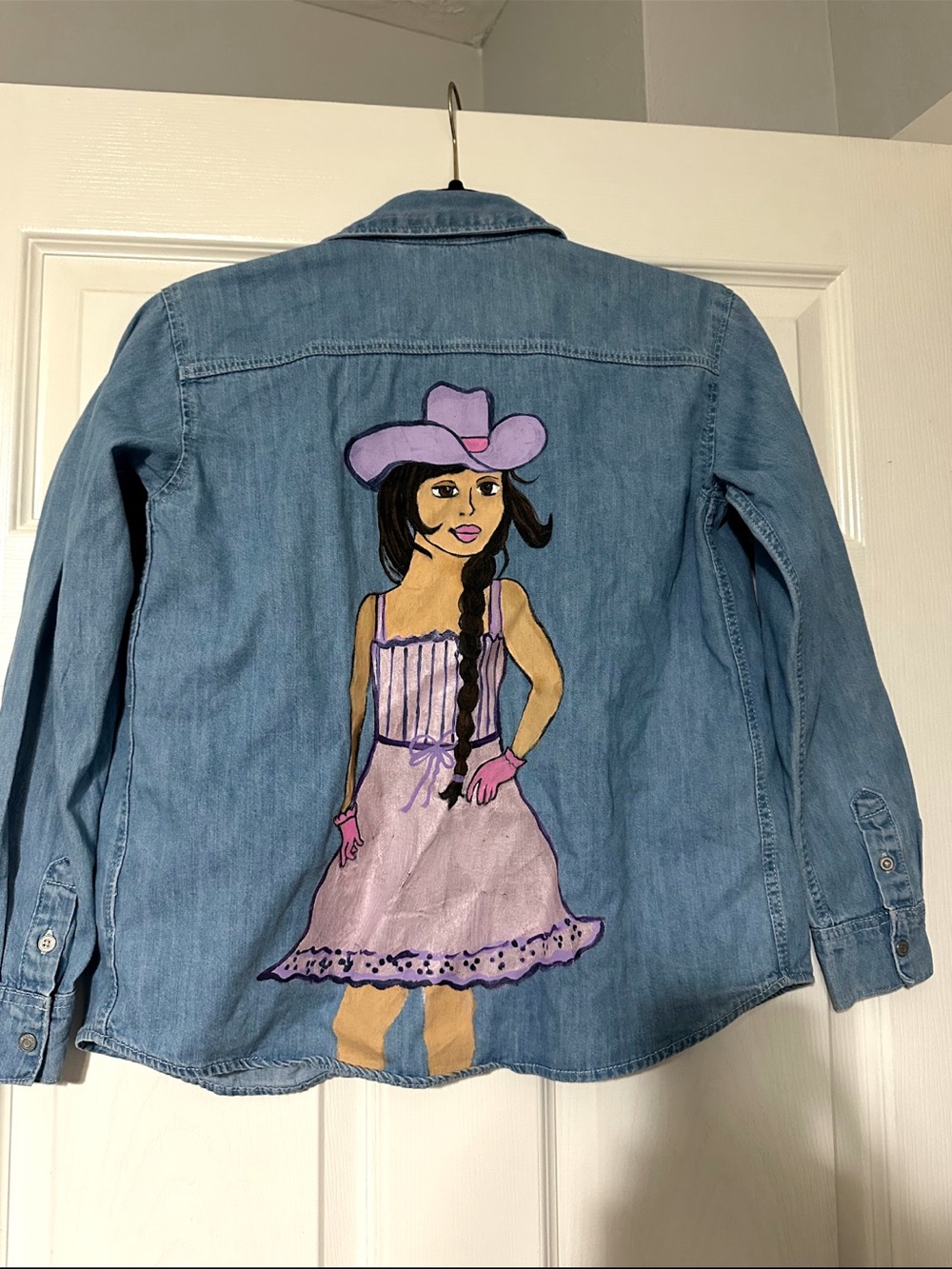 H&M Light Wash Denim shirt with hand painted Pink Cowgirl Artwork